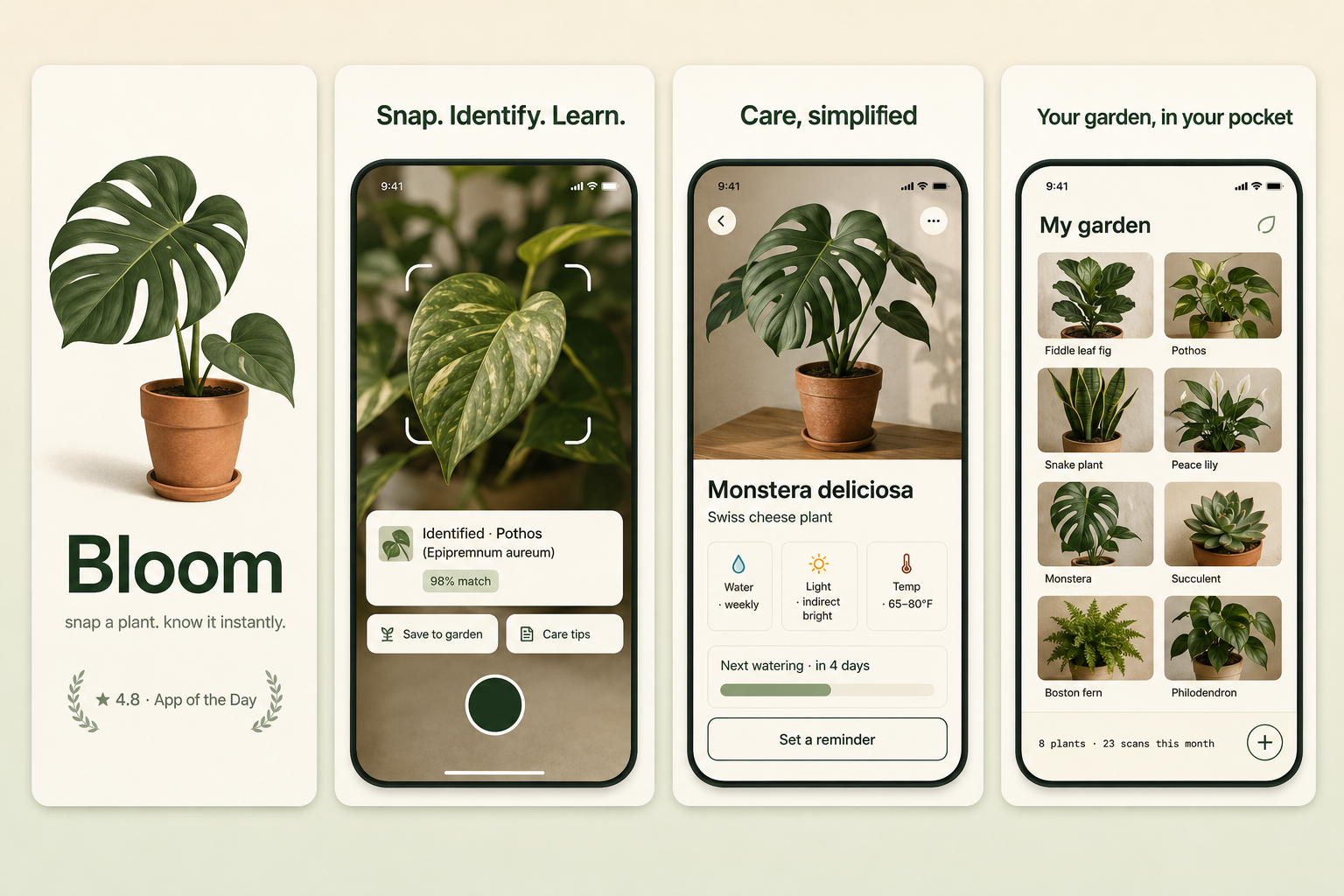 Bloom App Store screenshot set — Snap a plant. Know it instantly.