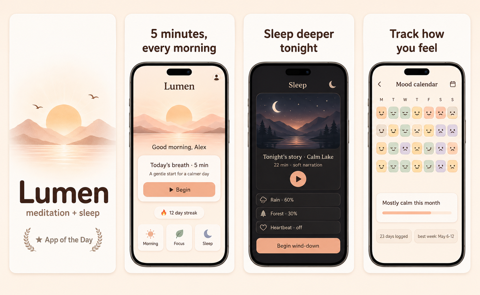 Lumen App Store screenshot set — A calmer morning, every morning