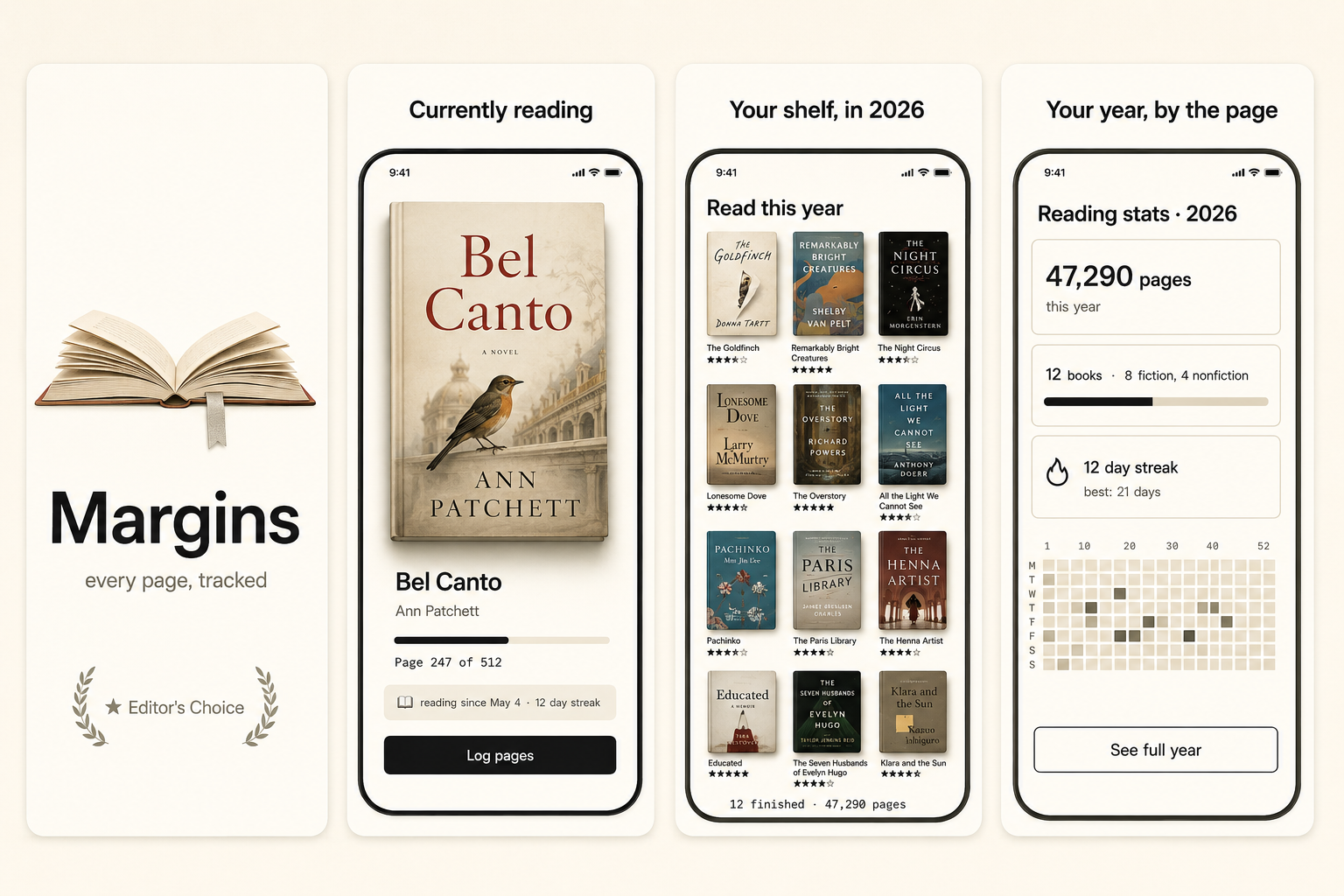 Margins App Store screenshot set — Every page, tracked
