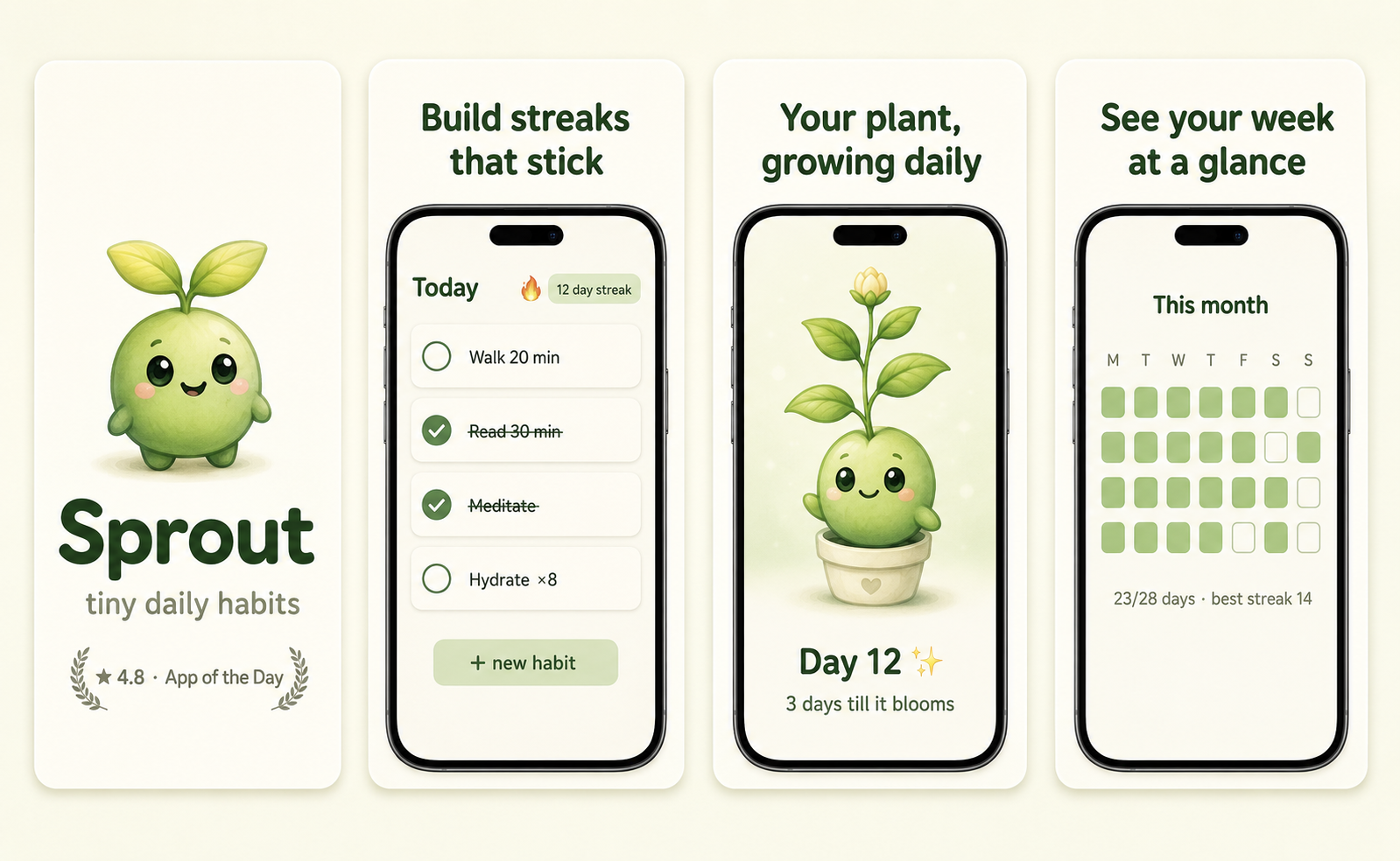 Sprout App Store screenshot set — Tiny daily habits